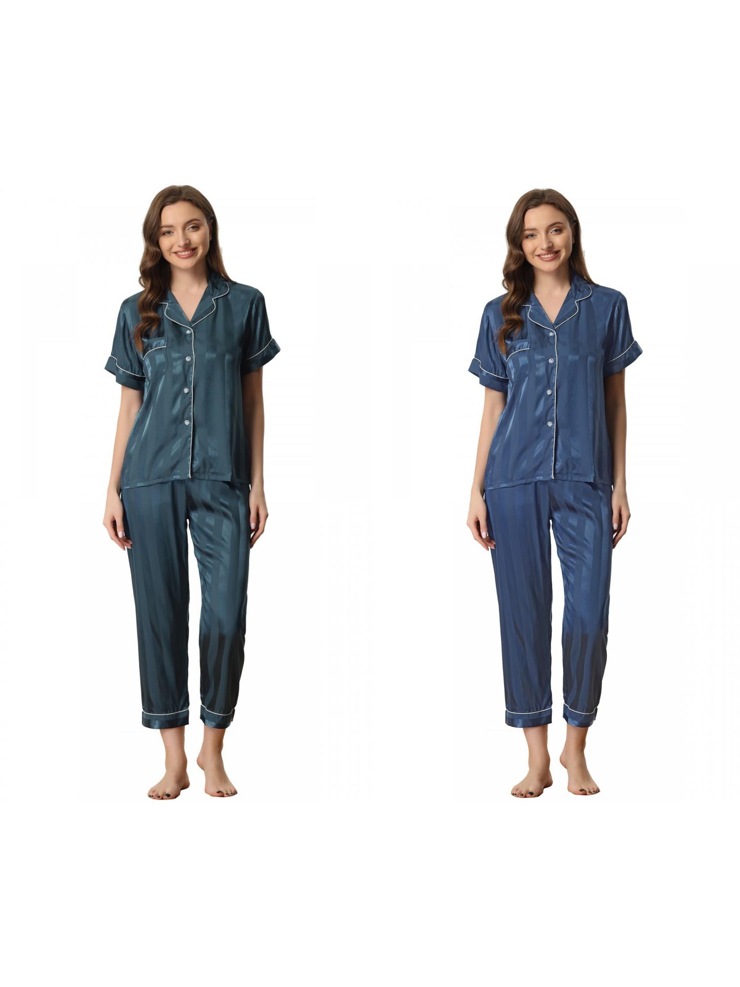 [PACK SALES] Women's 2 Sets Satin Button Down Short Sleeve Shirt with Long Pants Pajama Set