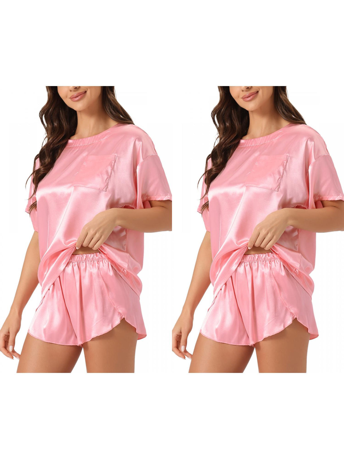 [PACK SALES] Women's 2 Sets Satin Pajama Set Spring-Summer Short-Sleeve Tee & Shorts Sleepwear
