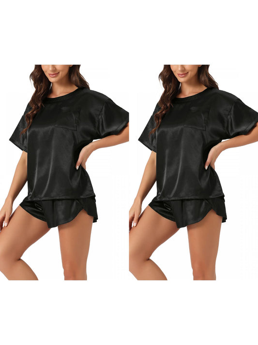 [PACK SALES] Women's 2 Sets Satin Pajama Set Spring-Summer Short-Sleeve Tee & Shorts Sleepwear