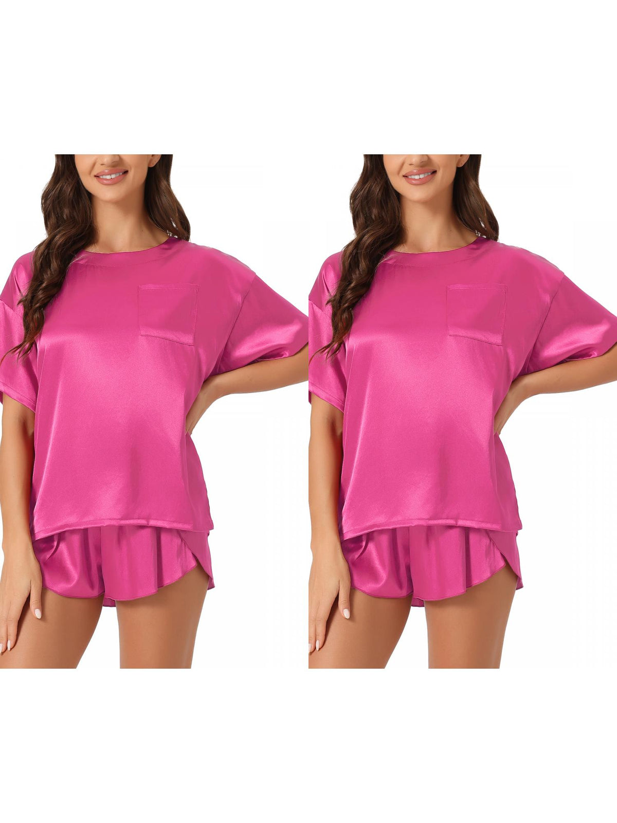 [PACK SALES] Women's 2 Sets Satin Pajama Set Spring-Summer Short-Sleeve Tee & Shorts Sleepwear