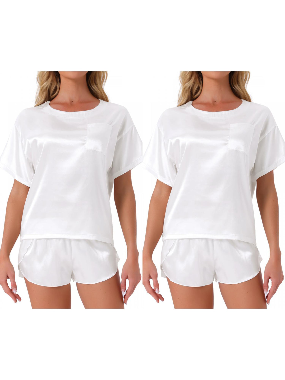 [PACK SALES] Women's 2 Sets Satin Pajama Set Spring-Summer Short-Sleeve Tee & Shorts Sleepwear