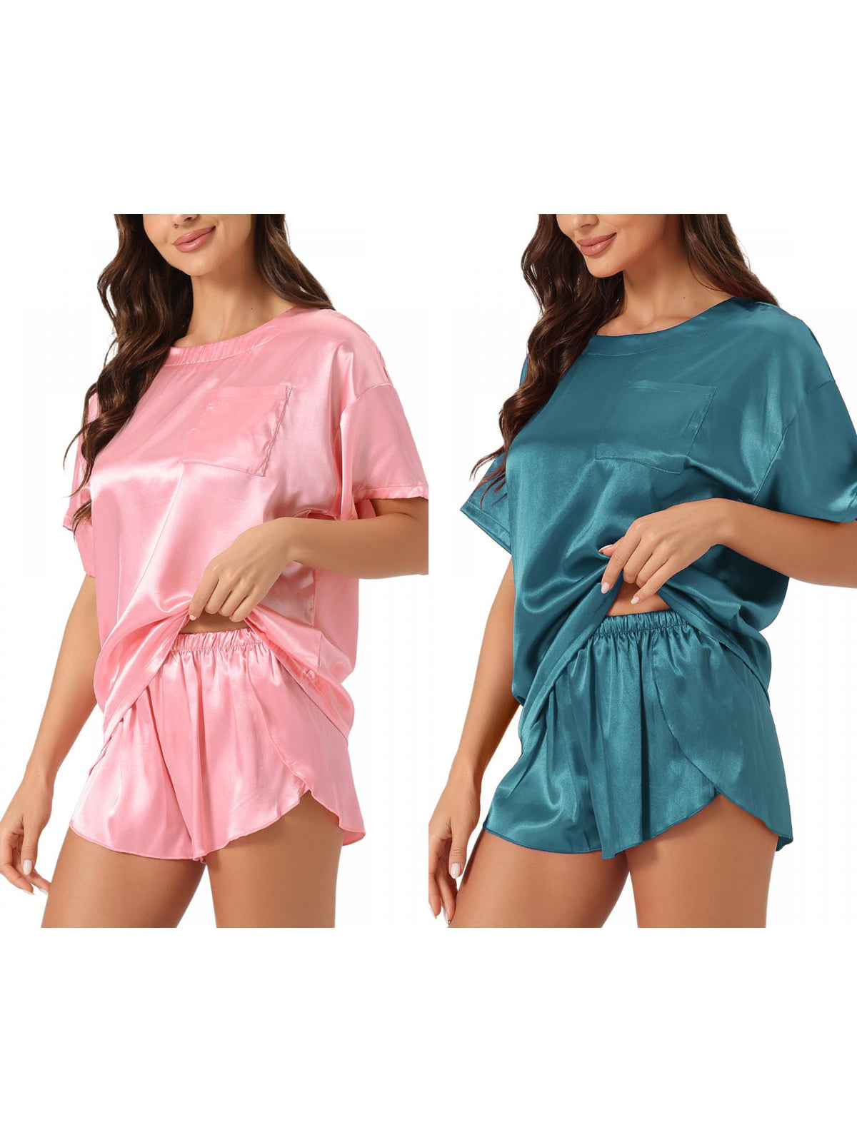 [PACK SALES] Women's 2 Sets Satin Pajama Set Spring-Summer Short-Sleeve Tee & Shorts Sleepwear