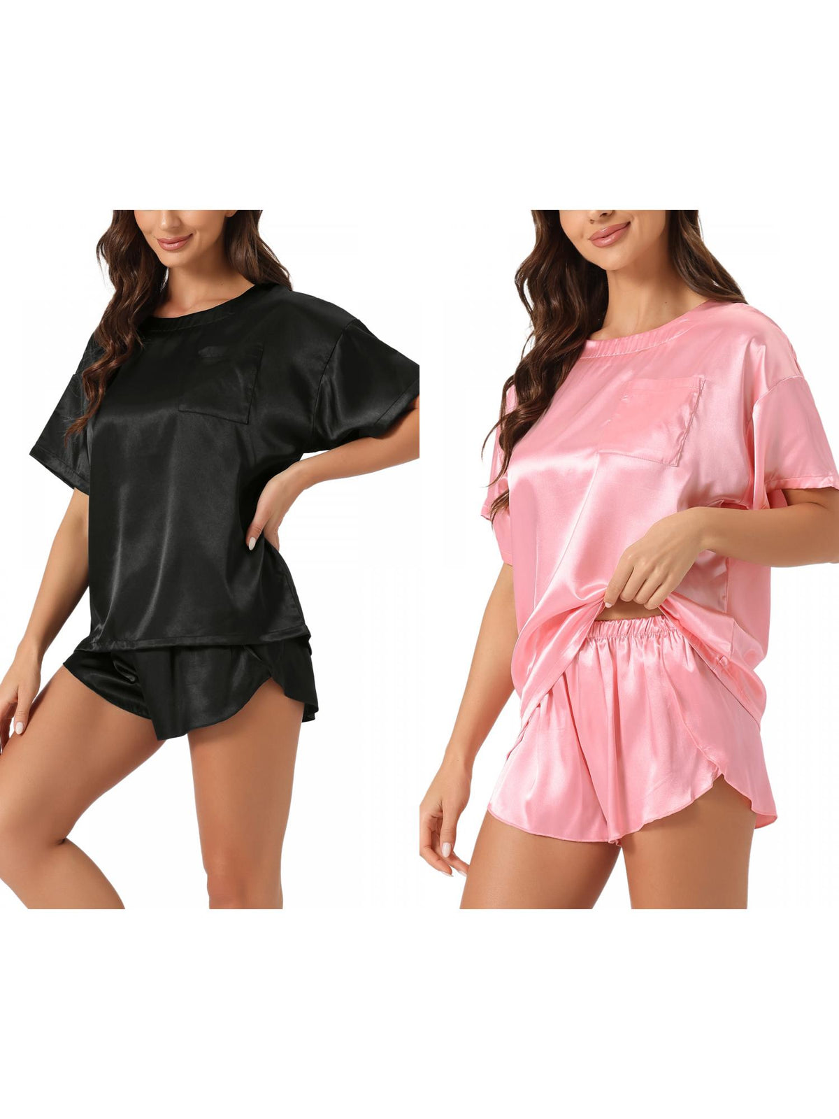 [PACK SALES] Women's 2 Sets Satin Pajama Set Spring-Summer Short-Sleeve Tee & Shorts Sleepwear