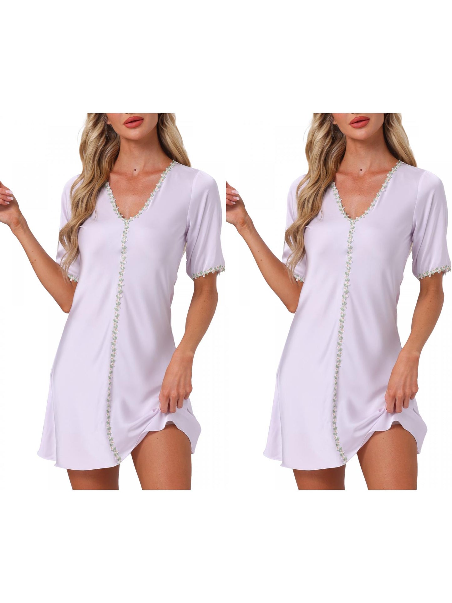 [PACK SALES] Women's 2 Pieces Sleepdresses V-Neck Short Sleeve Floral Nightgown with Lace Trim Thigh Length Loungewear