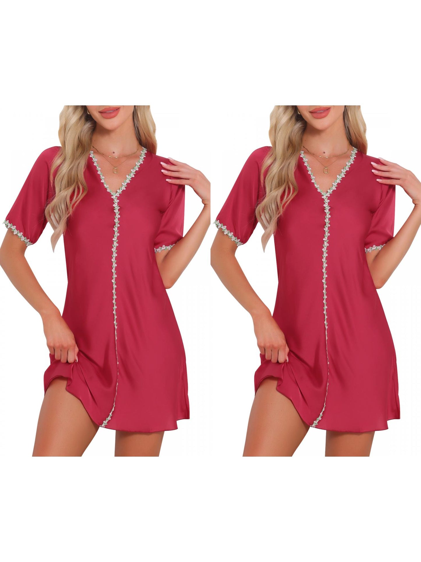 [PACK SALES] Women's 2 Pieces Sleepdresses V-Neck Short Sleeve Floral Nightgown with Lace Trim Thigh Length Loungewear