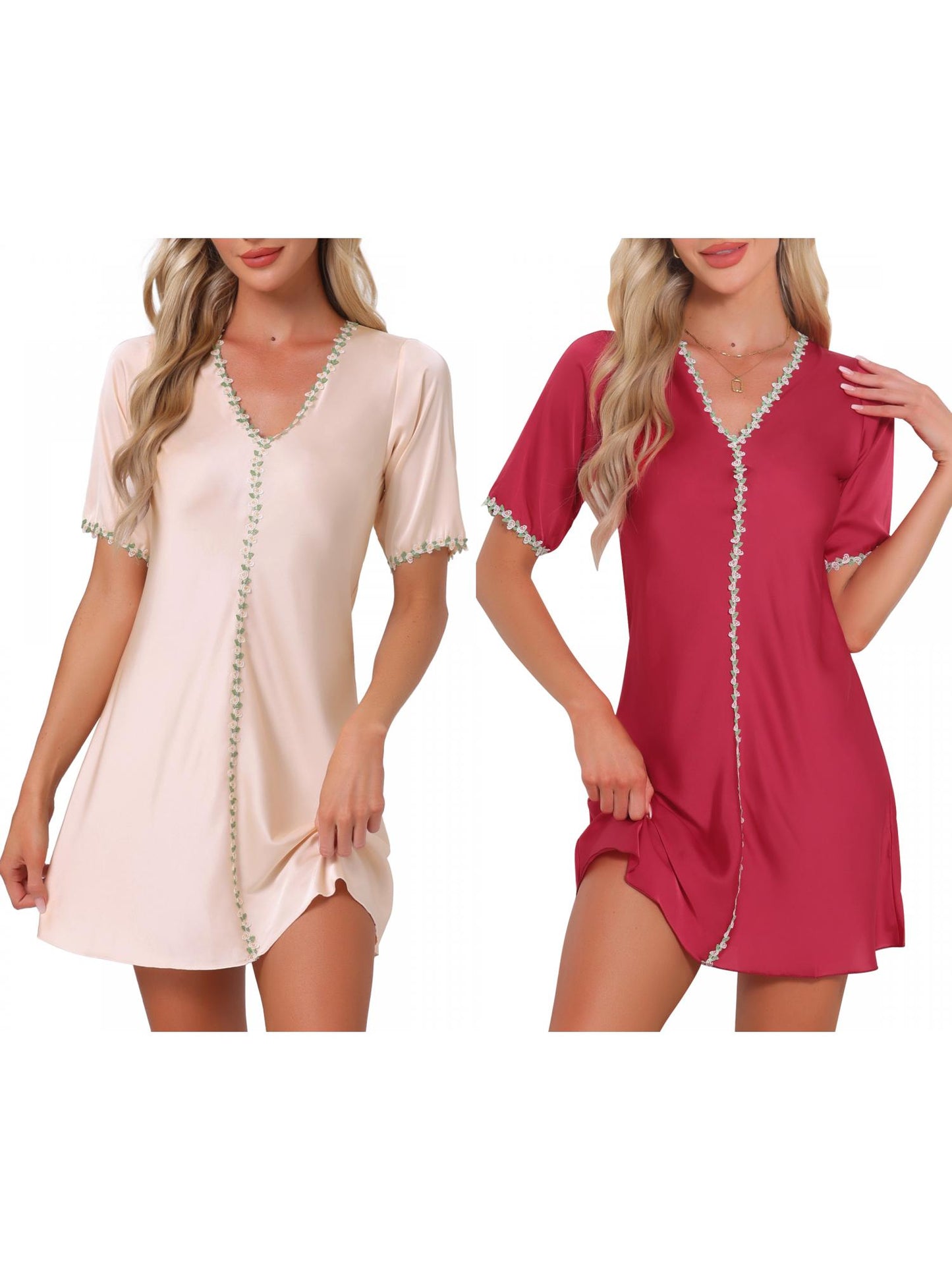 [PACK SALES] Women's 2 Pieces Sleepdresses V-Neck Short Sleeve Floral Nightgown with Lace Trim Thigh Length Loungewear