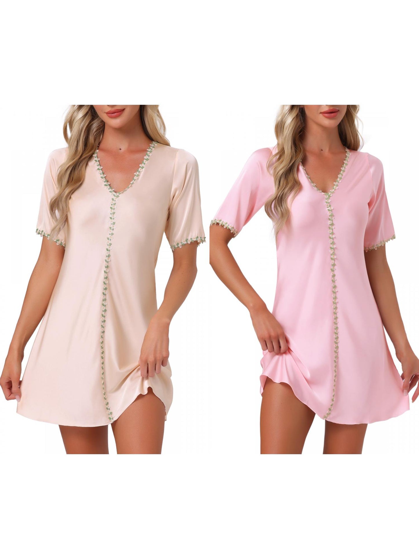 [PACK SALES] Women's 2 Pieces Sleepdresses V-Neck Short Sleeve Floral Nightgown with Lace Trim Thigh Length Loungewear