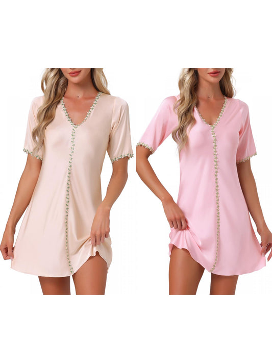 [PACK SALES] Women's 2 Pieces Sleepdresses V-Neck Short Sleeve Floral Nightgown with Lace Trim Thigh Length Loungewear