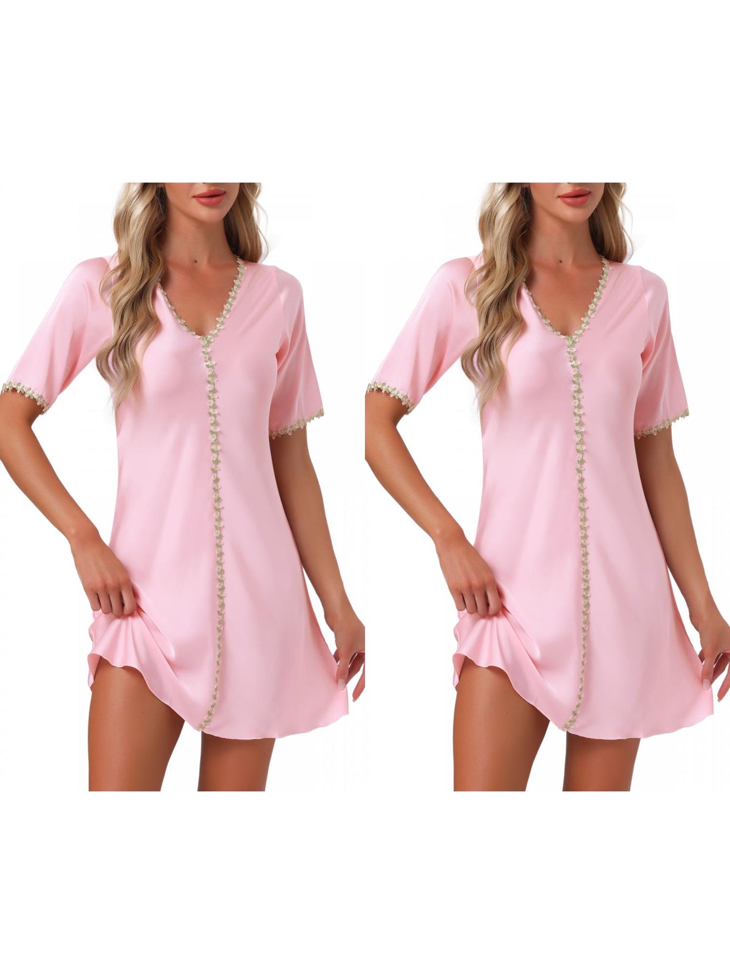 [PACK SALES] Women's 2 Pieces Sleepdresses V-Neck Short Sleeve Floral Nightgown with Lace Trim Thigh Length Loungewear