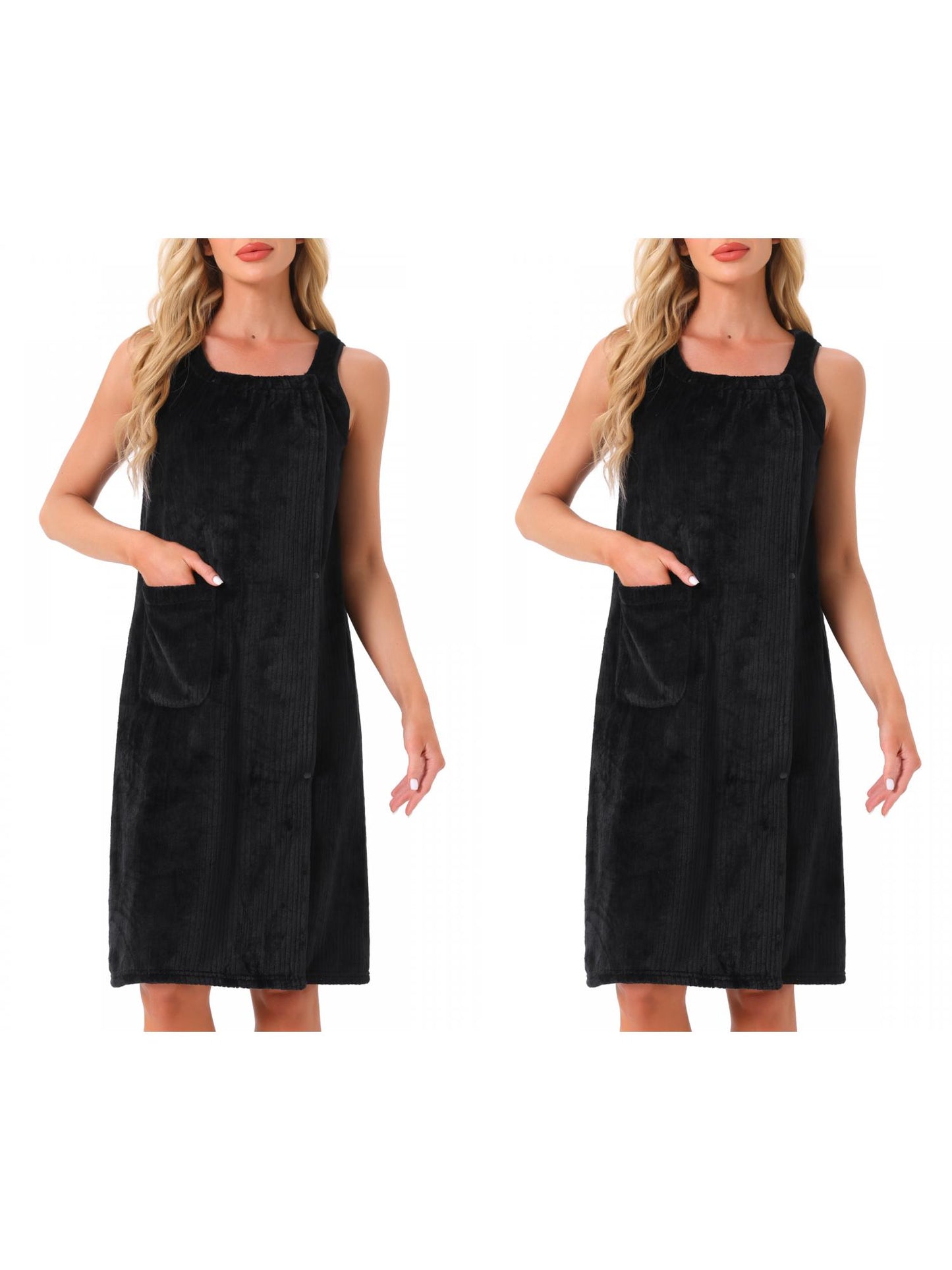 [PACK SALES] Women's 2 Pieces Shower Wrap Bath Towel Robe Strap Button Sleeveless Snap Dress with Pockets