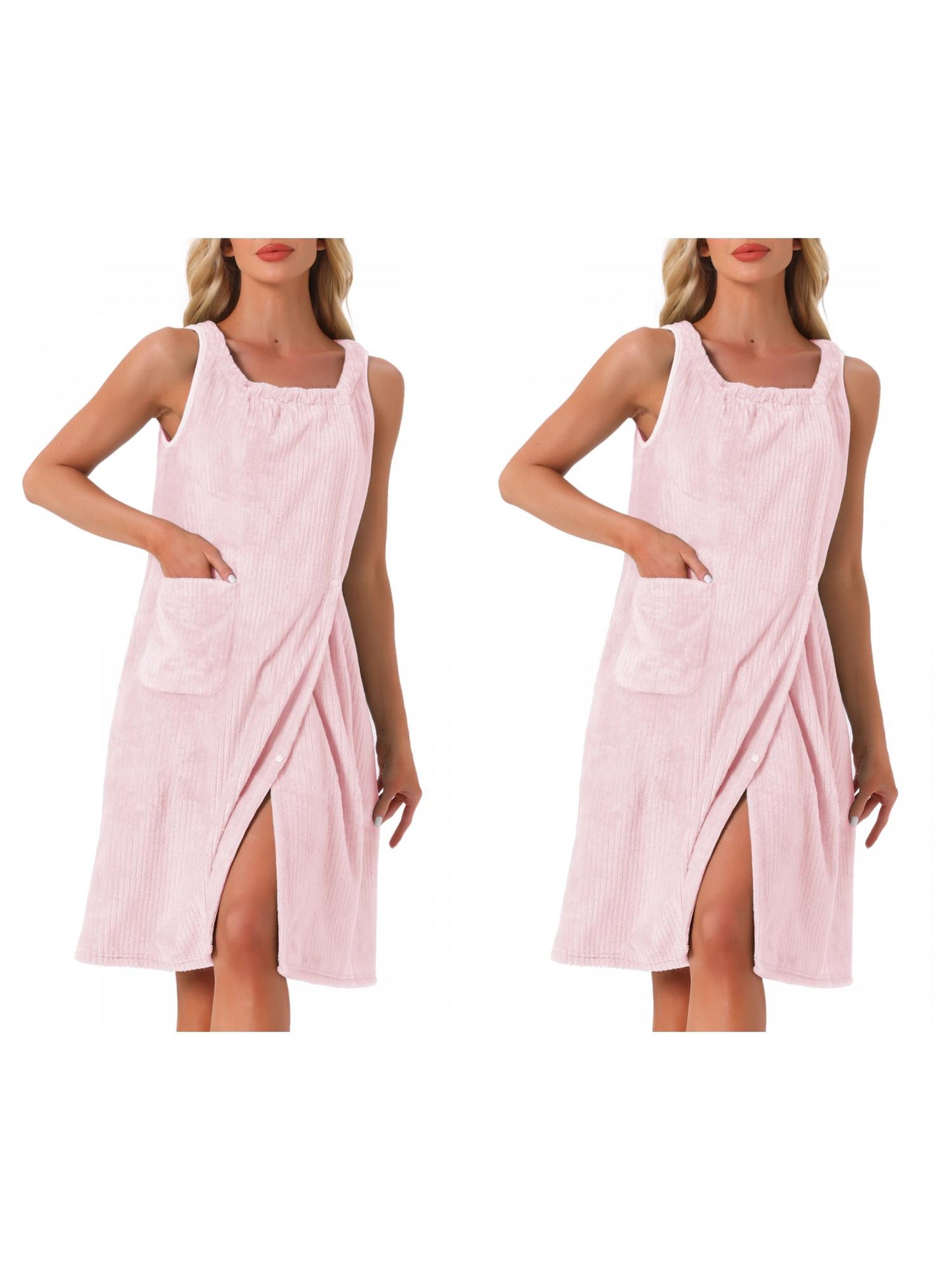 [PACK SALES] Women's 2 Pieces Shower Wrap Bath Towel Robe Strap Button Sleeveless Snap Dress with Pockets