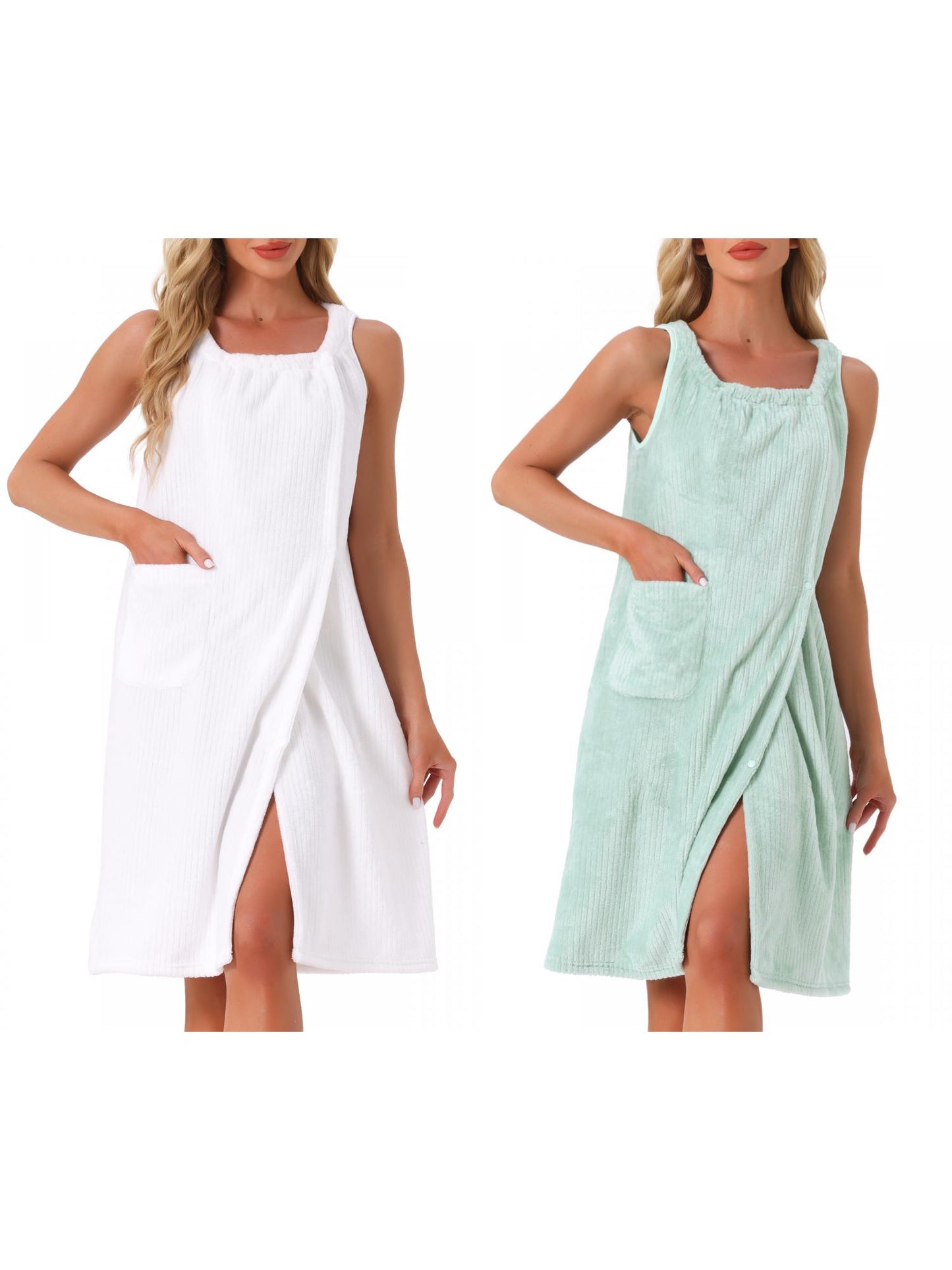 [PACK SALES] Women's 2 Pieces Shower Wrap Bath Towel Robe Strap Button Sleeveless Snap Dress with Pockets