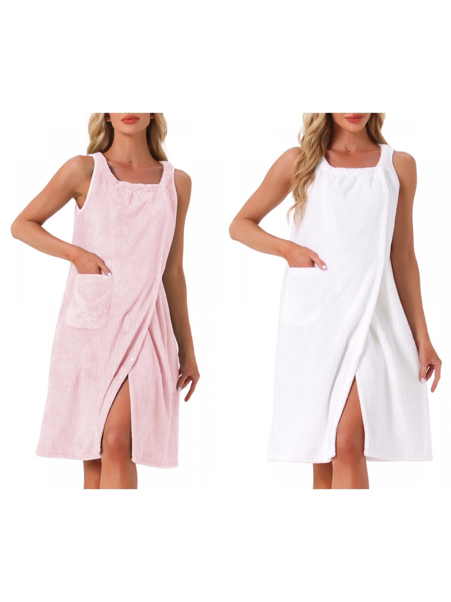 [PACK SALES] Women's 2 Pieces Shower Wrap Bath Towel Robe Strap Button Sleeveless Snap Dress with Pockets