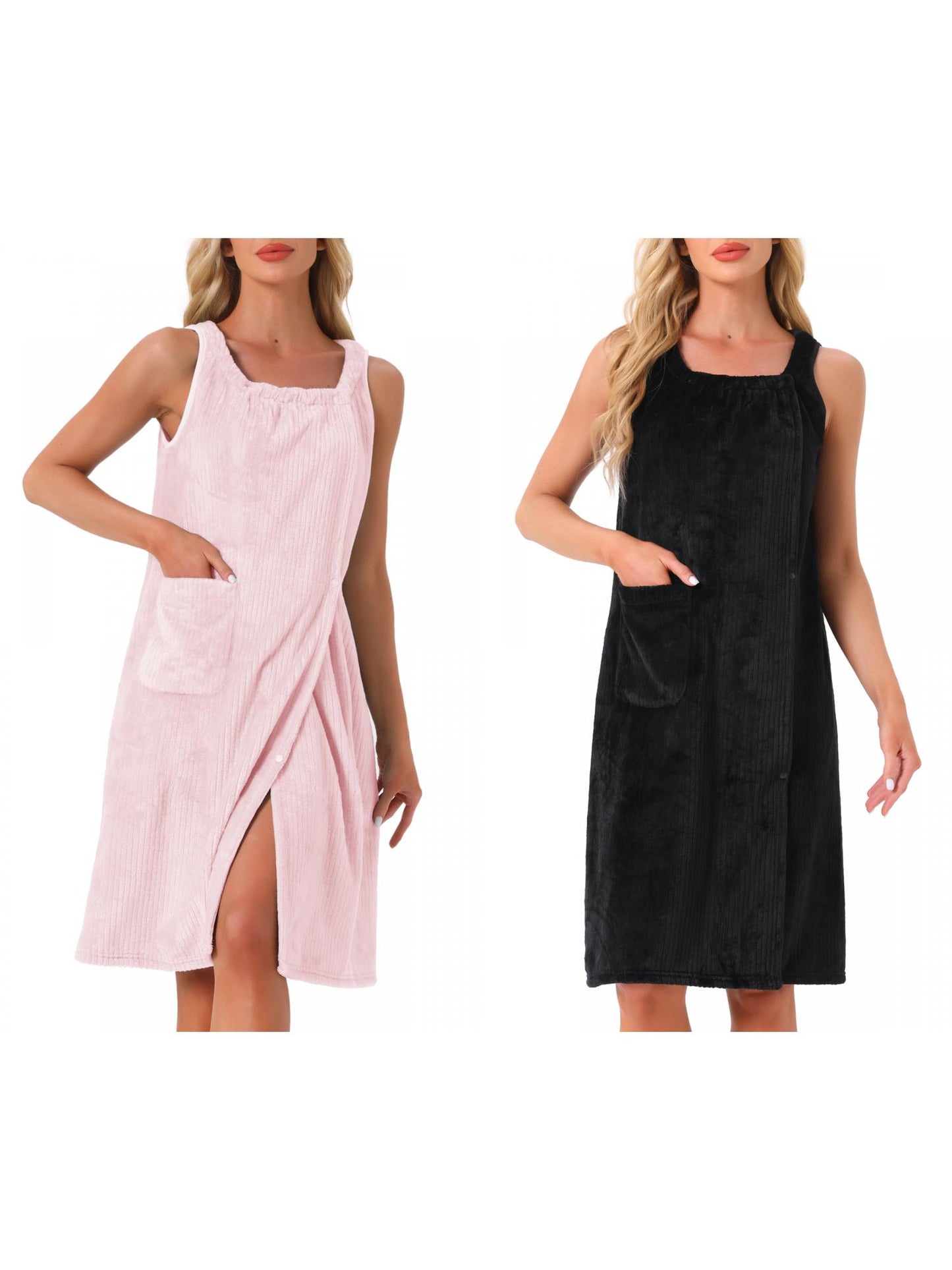 [PACK SALES] Women's 2 Pieces Shower Wrap Bath Towel Robe Strap Button Sleeveless Snap Dress with Pockets
