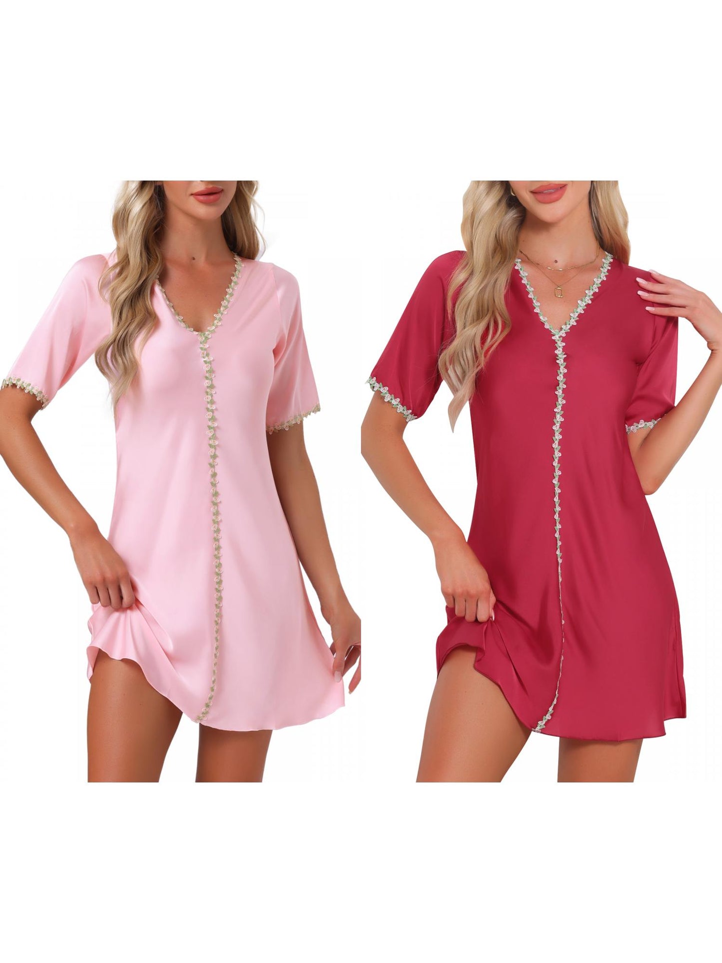 [PACK SALES] Women's 2 Pieces Sleepdresses V-Neck Short Sleeve Floral Nightgown with Lace Trim Thigh Length Loungewear