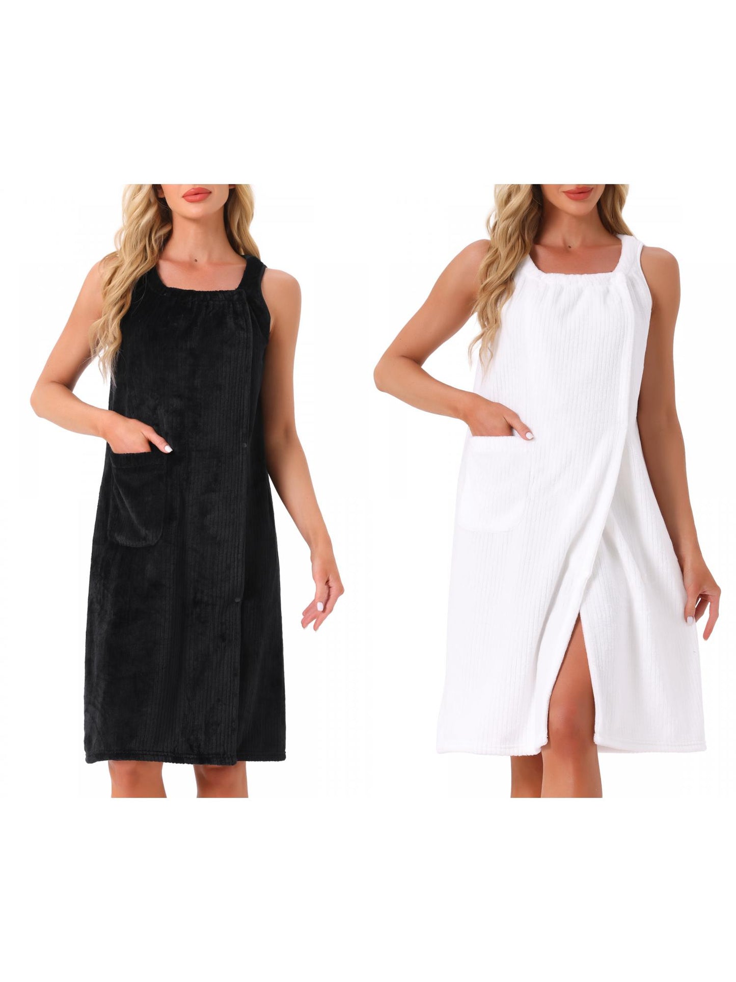 [PACK SALES] Women's 2 Pieces Shower Wrap Bath Towel Robe Strap Button Sleeveless Snap Dress with Pockets