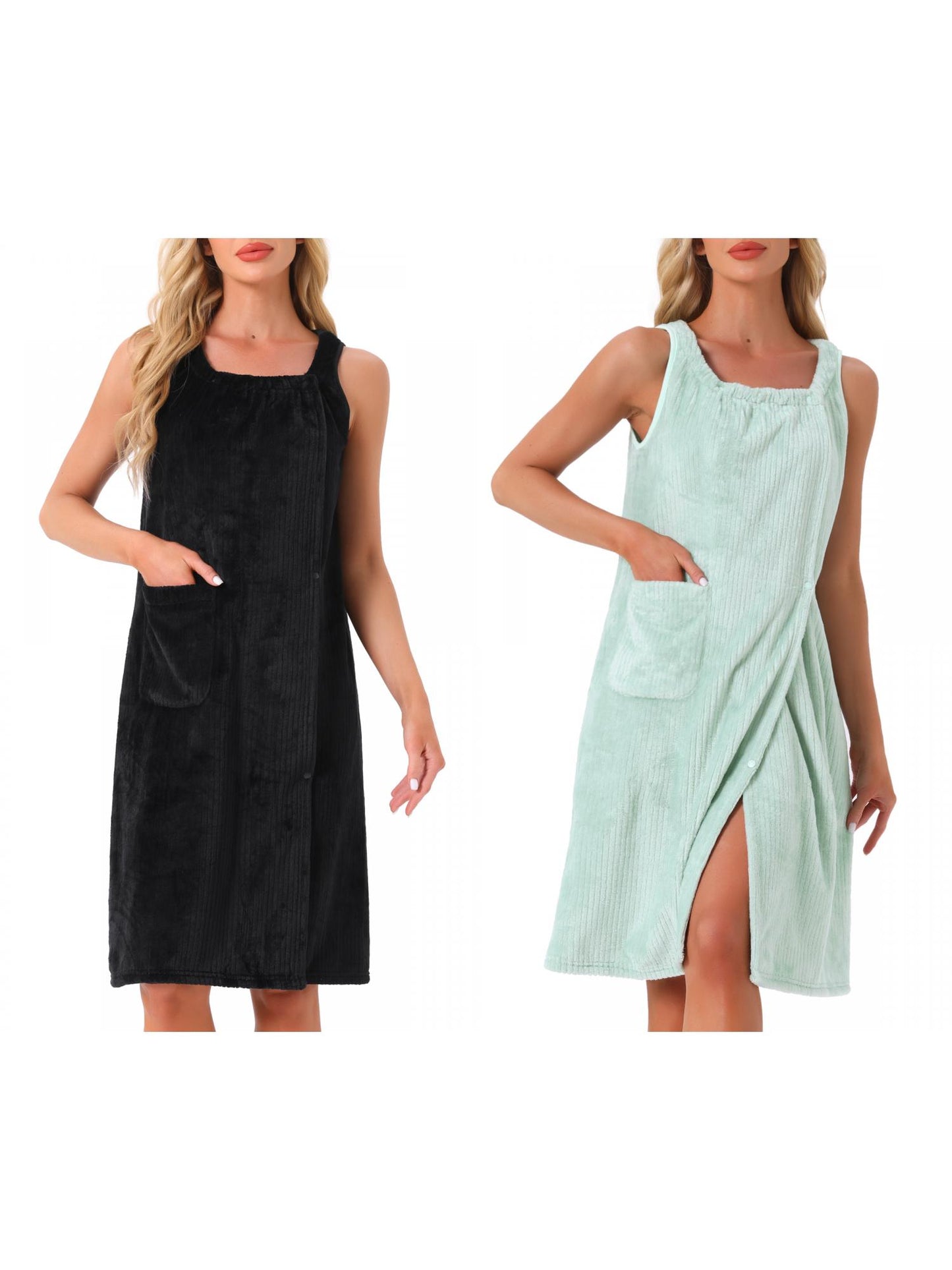 [PACK SALES] Women's 2 Pieces Shower Wrap Bath Towel Robe Strap Button Sleeveless Snap Dress with Pockets