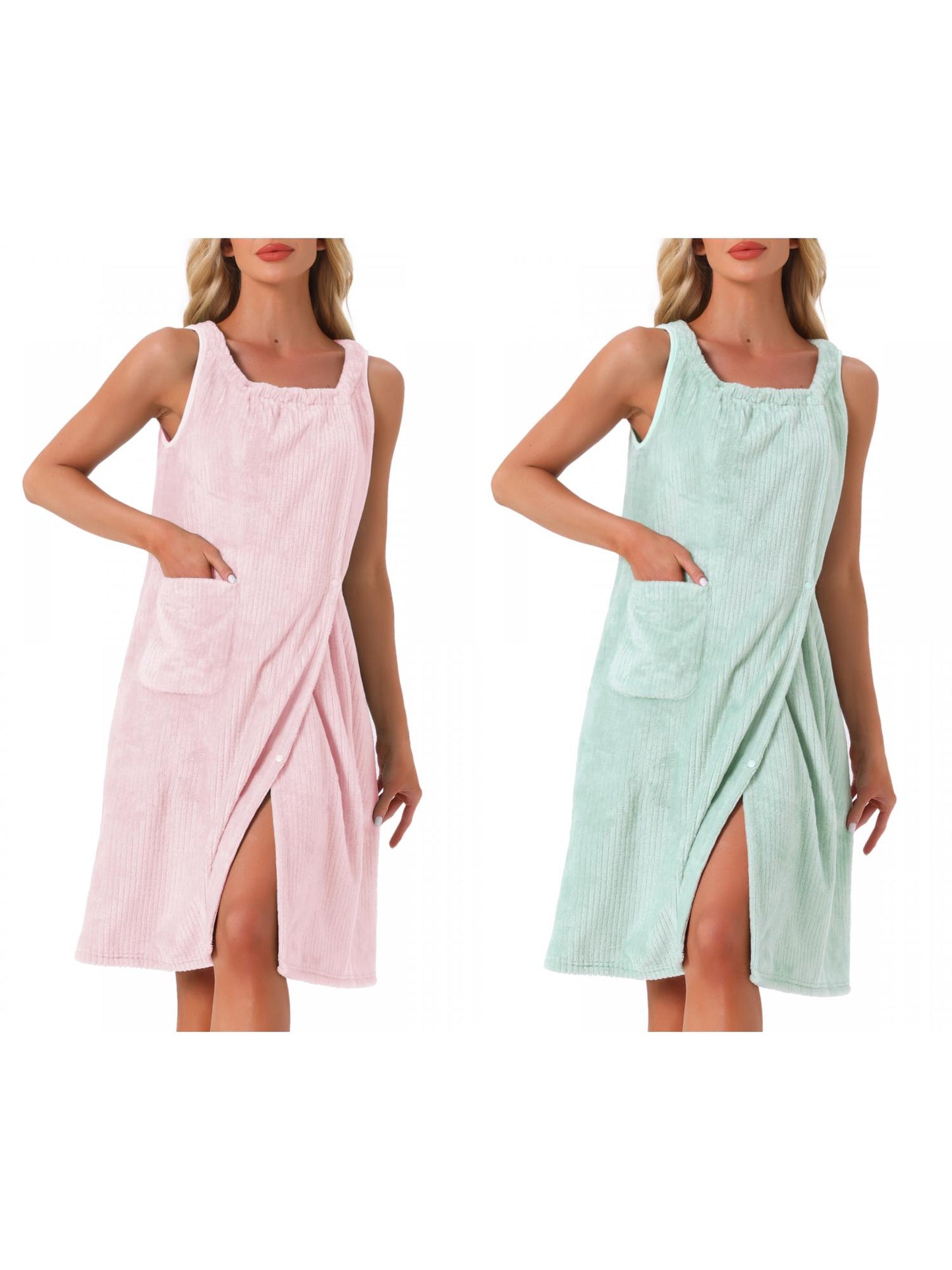 [PACK SALES] Women's 2 Pieces Shower Wrap Bath Towel Robe Strap Button Sleeveless Snap Dress with Pockets