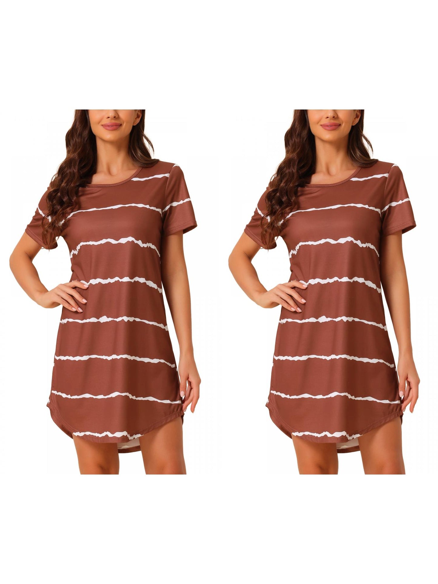 [PACK SALES] Women's 2 Pieces Sleep Shirts Short Sleeve Striped Nightgown with Pockets Knit Loungewear Dress