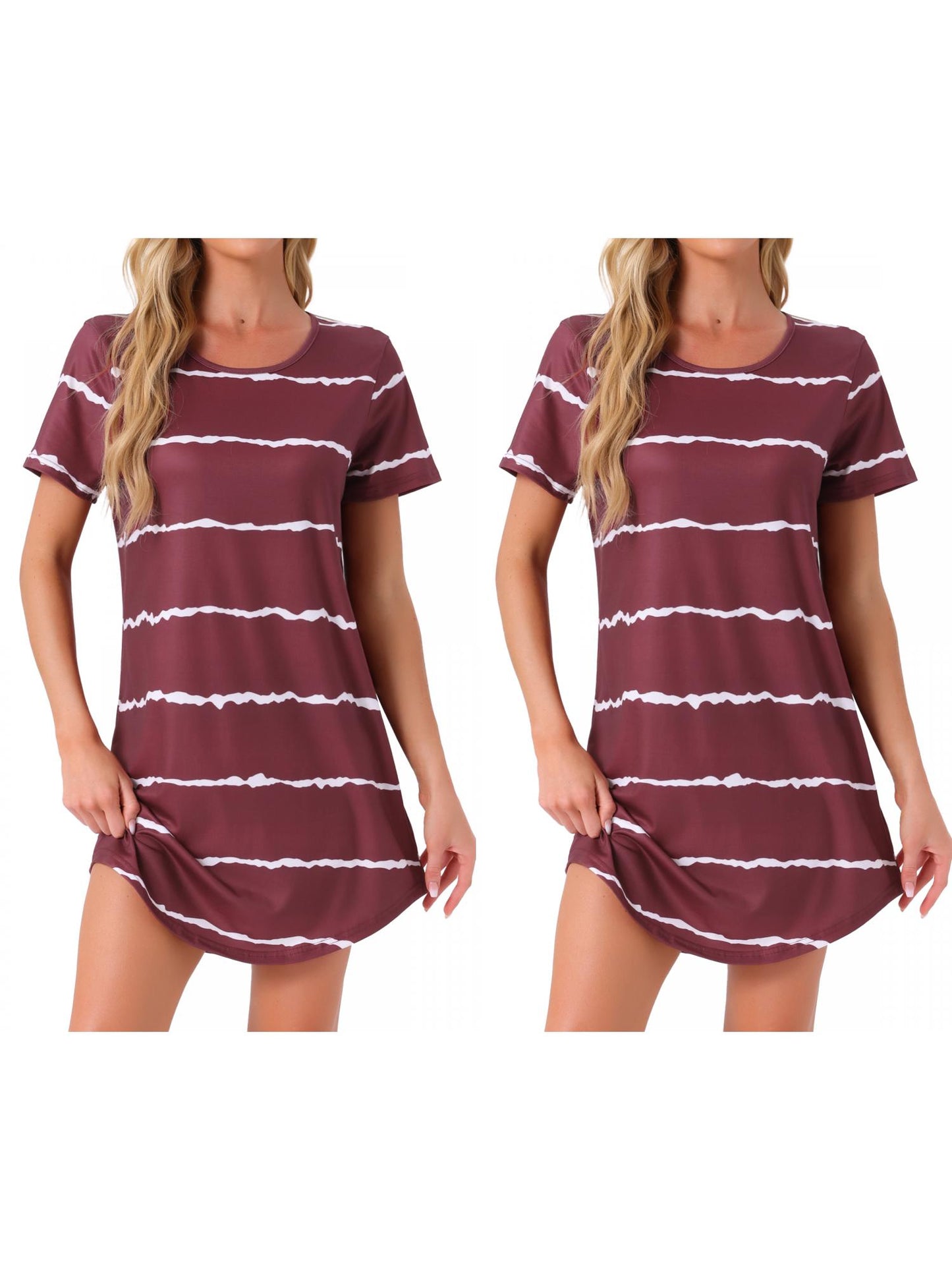 [PACK SALES] Women's 2 Pieces Sleep Shirts Short Sleeve Striped Nightgown with Pockets Knit Loungewear Dress