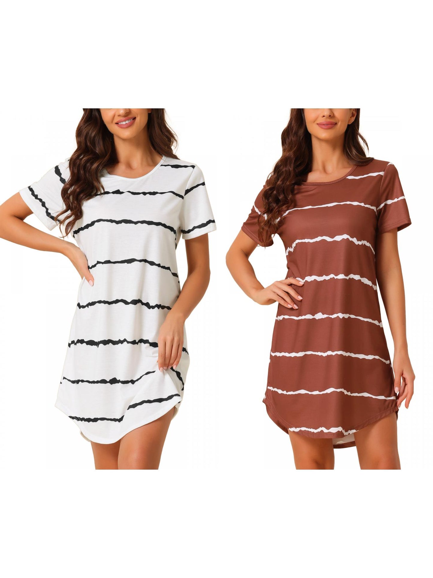 [PACK SALES] Women's 2 Pieces Sleep Shirts Short Sleeve Striped Nightgown with Pockets Knit Loungewear Dress