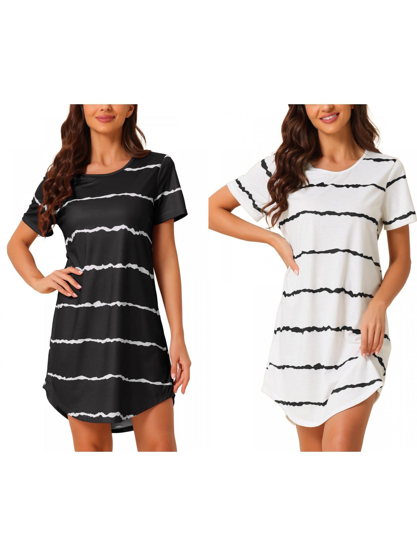 [PACK SALES] Women's 2 Pieces Sleep Shirts Short Sleeve Striped Nightgown with Pockets Knit Loungewear Dress