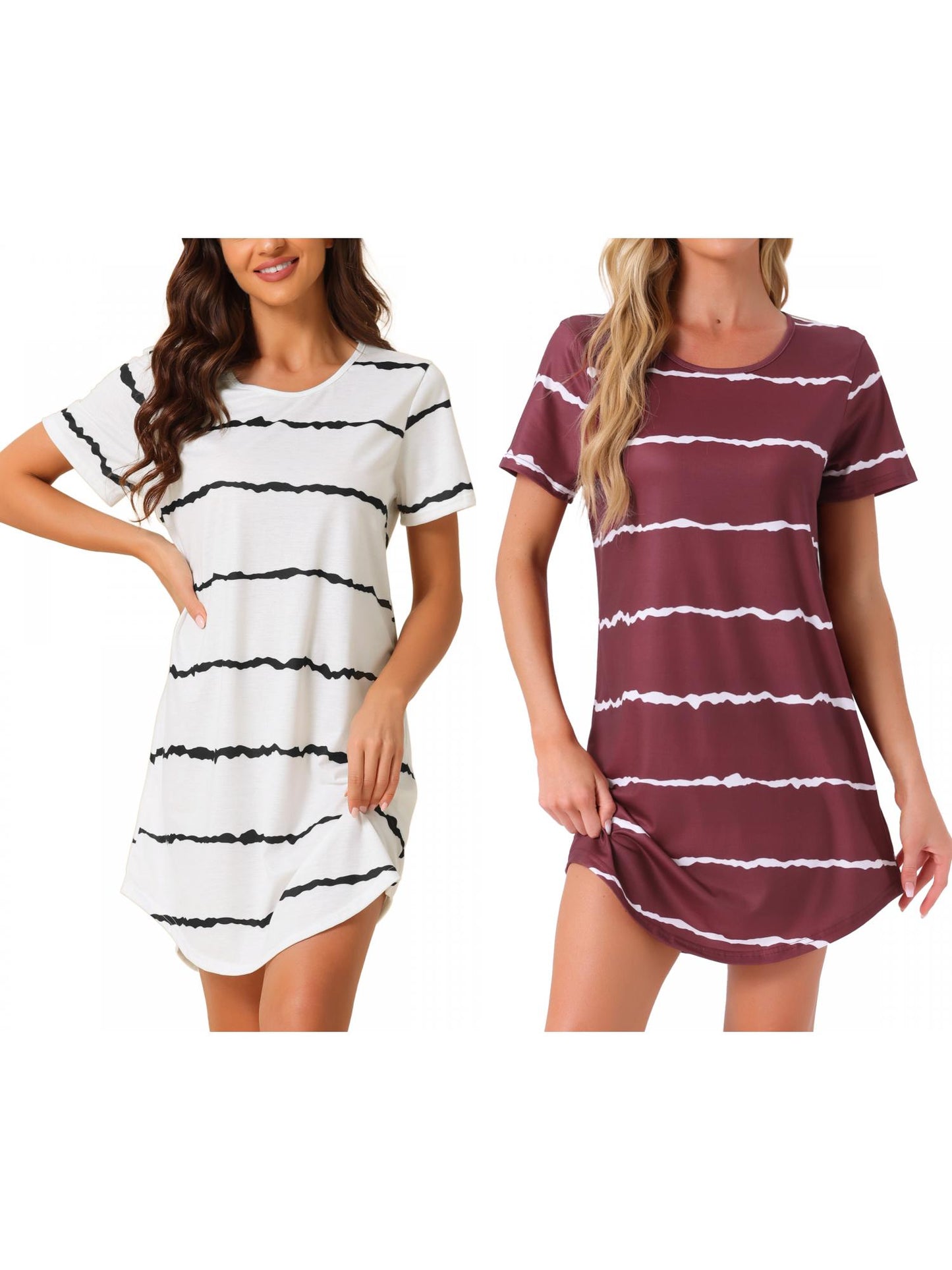 [PACK SALES] Women's 2 Pieces Sleep Shirts Short Sleeve Striped Nightgown with Pockets Knit Loungewear Dress