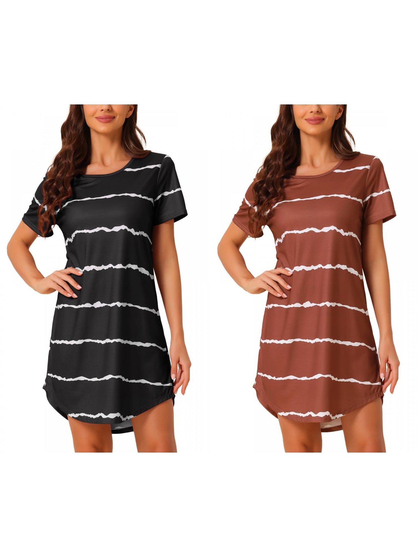 [PACK SALES] Women's 2 Pieces Sleep Shirts Short Sleeve Striped Nightgown with Pockets Knit Loungewear Dress