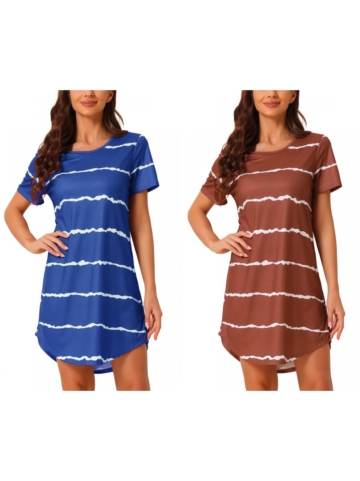 [PACK SALES] Women's 2 Pieces Sleep Shirts Short Sleeve Striped Nightgown with Pockets Knit Loungewear Dress