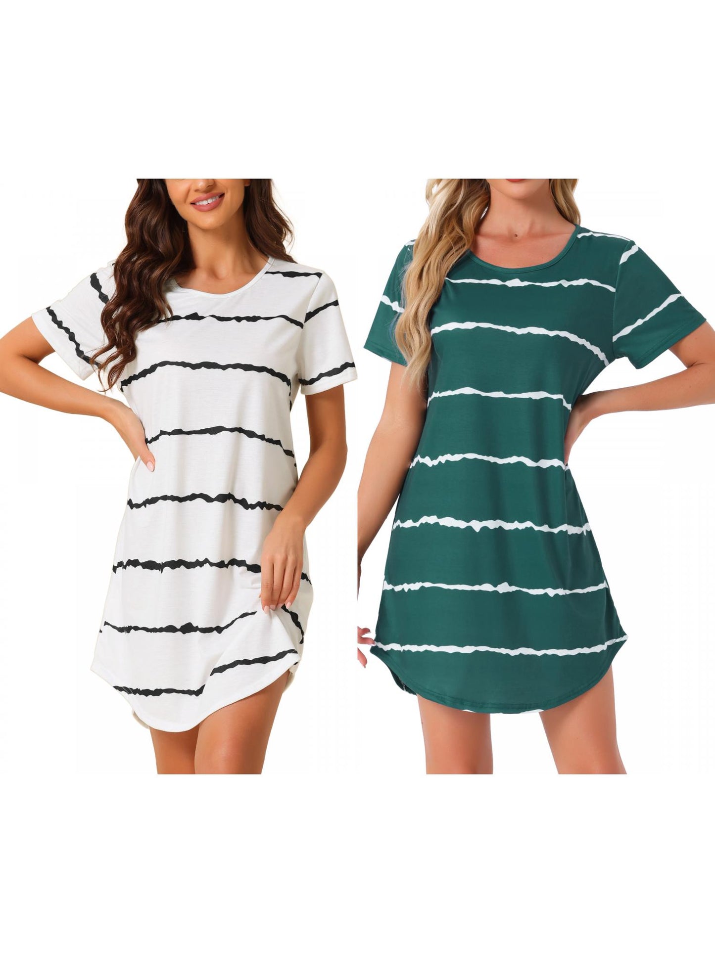 [PACK SALES] Women's 2 Pieces Sleep Shirts Short Sleeve Striped Nightgown with Pockets Knit Loungewear Dress