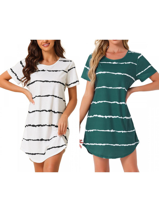 [PACK SALES] Women's 2 Pieces Sleep Shirts Short Sleeve Striped Nightgown with Pockets Knit Loungewear Dress