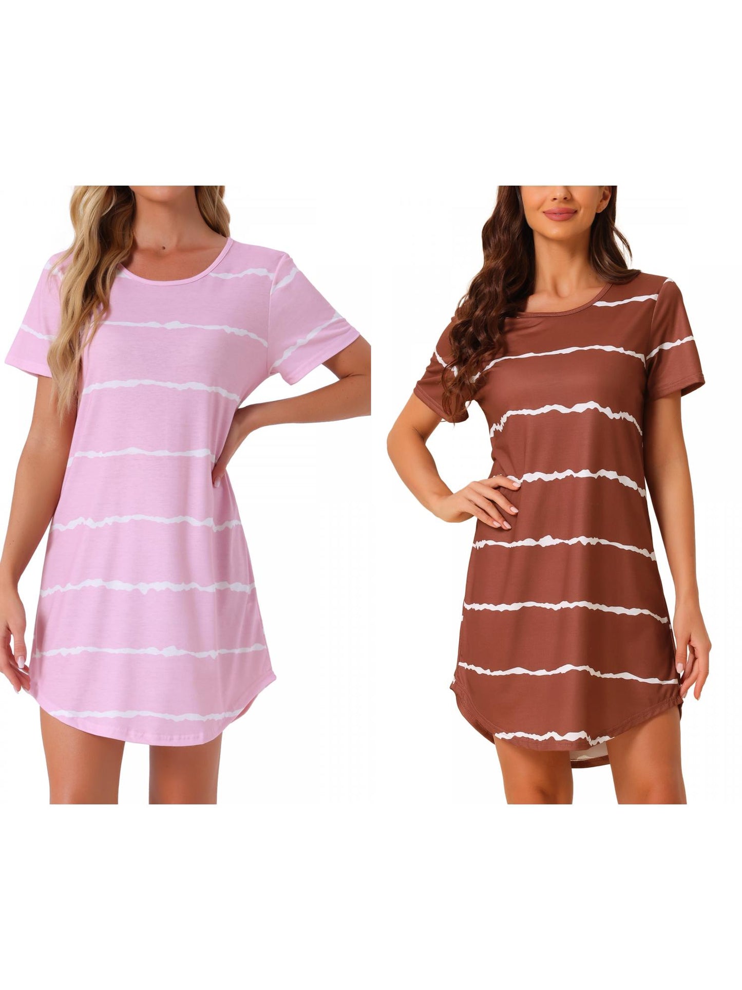 [PACK SALES] Women's 2 Pieces Sleep Shirts Short Sleeve Striped Nightgown with Pockets Knit Loungewear Dress