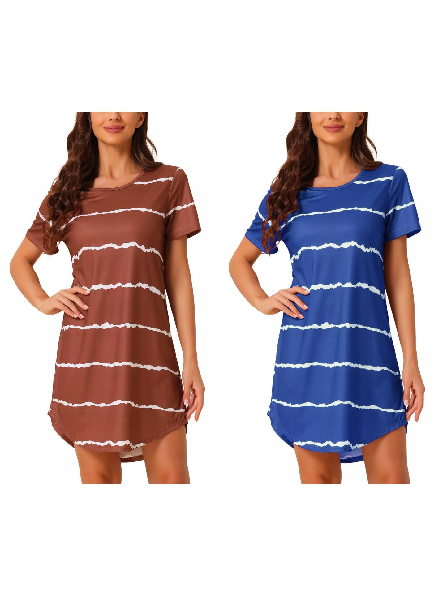 [PACK SALES] Women's 2 Pieces Sleep Shirts Short Sleeve Striped Nightgown with Pockets Knit Loungewear Dress