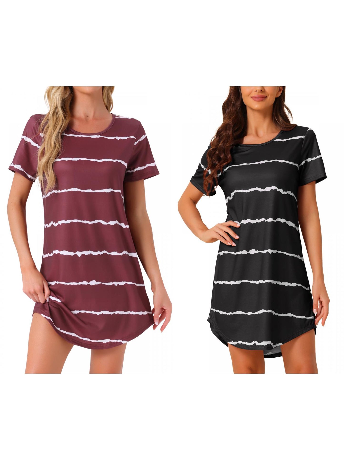 [PACK SALES] Women's 2 Pieces Sleep Shirts Short Sleeve Striped Nightgown with Pockets Knit Loungewear Dress