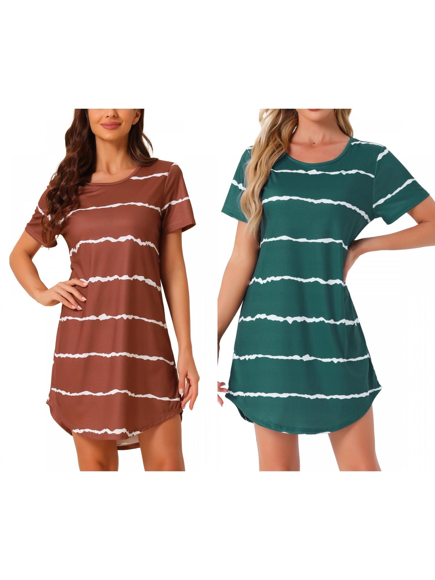 [PACK SALES] Women's 2 Pieces Sleep Shirts Short Sleeve Striped Nightgown with Pockets Knit Loungewear Dress