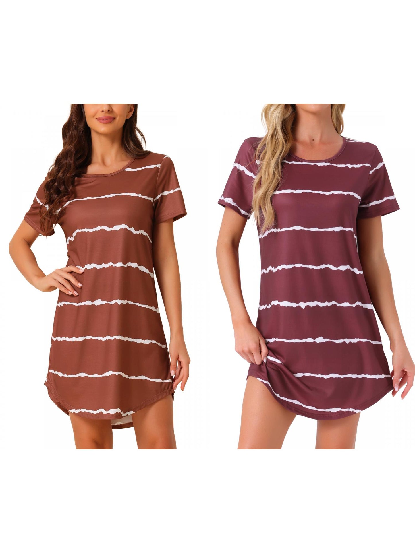[PACK SALES] Women's 2 Pieces Sleep Shirts Short Sleeve Striped Nightgown with Pockets Knit Loungewear Dress