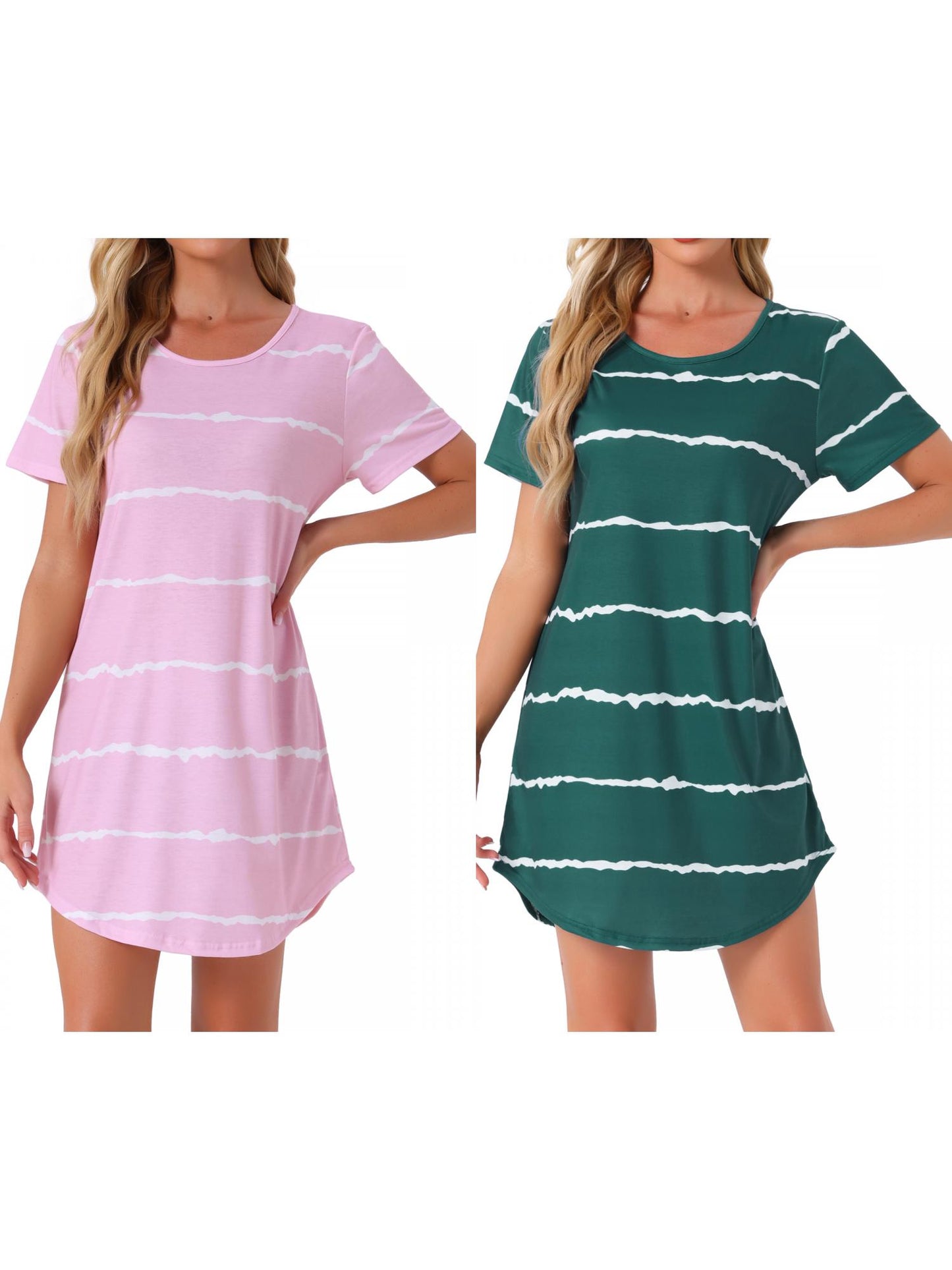 [PACK SALES] Women's 2 Pieces Sleep Shirts Short Sleeve Striped Nightgown with Pockets Knit Loungewear Dress