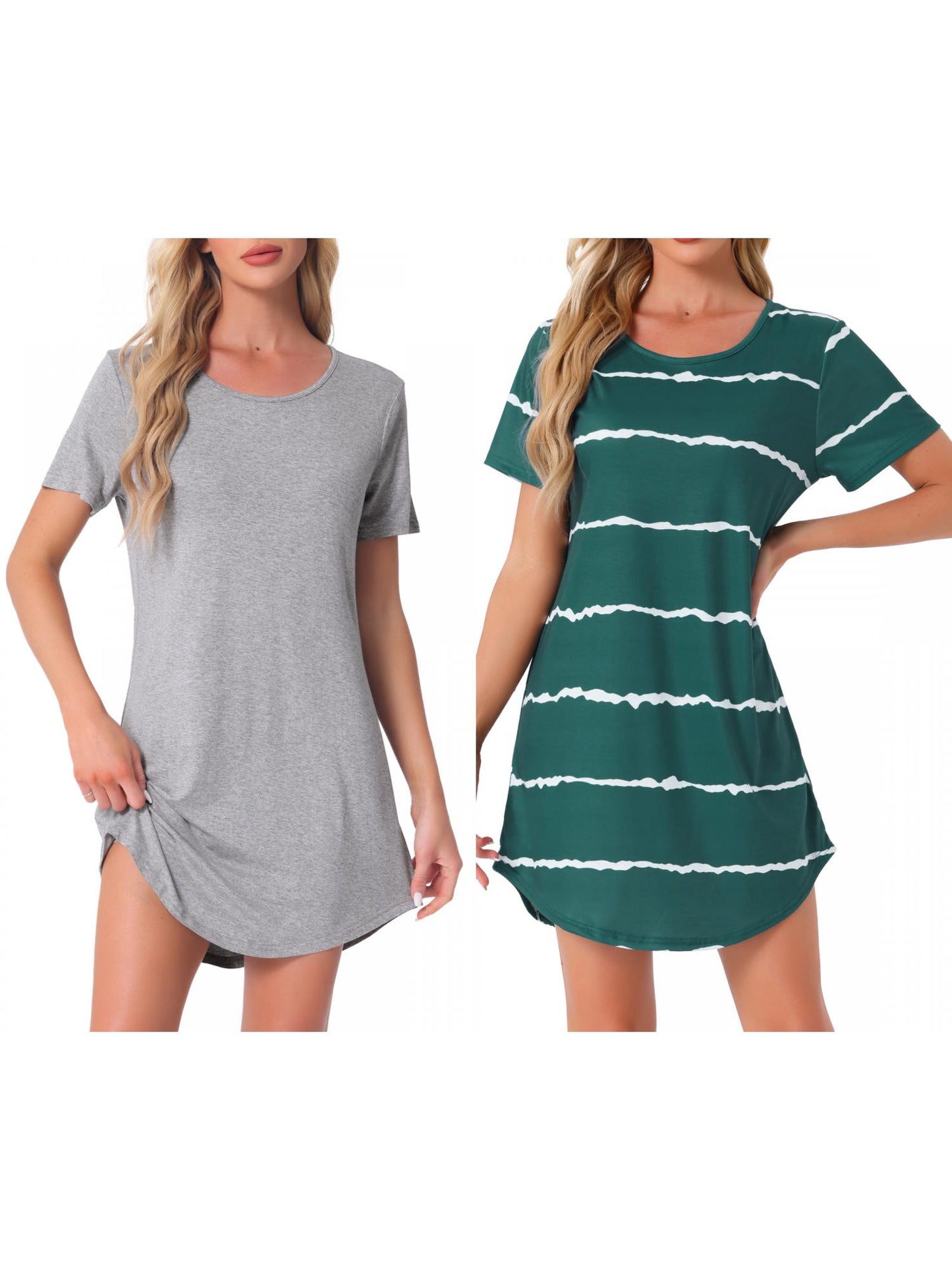 [PACK SALES] Women's 2 Pieces Sleep Shirts Short Sleeve Striped Nightgown with Pockets Knit Loungewear Dress