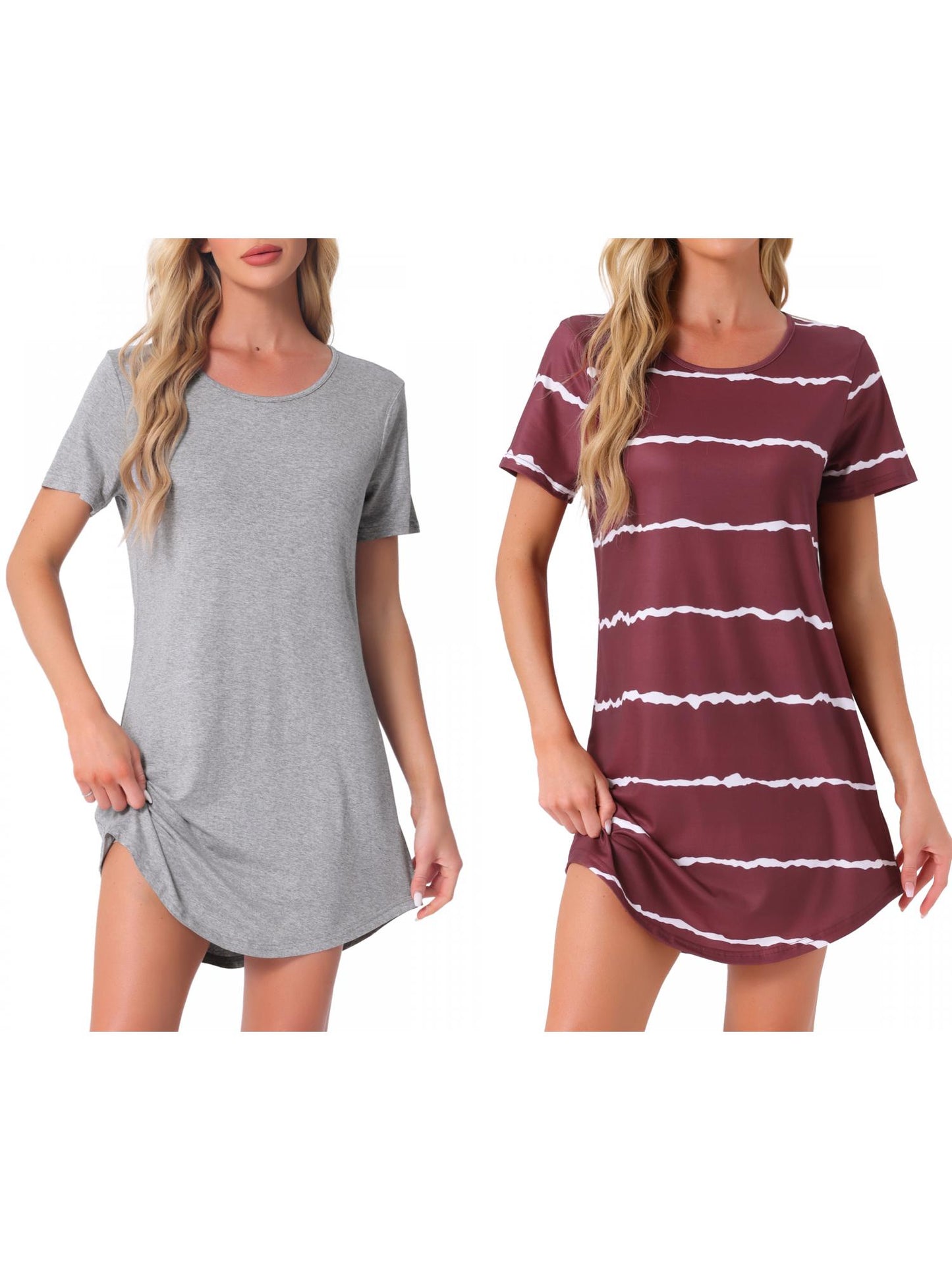 [PACK SALES] Women's 2 Pieces Sleep Shirts Short Sleeve Striped Nightgown with Pockets Knit Loungewear Dress