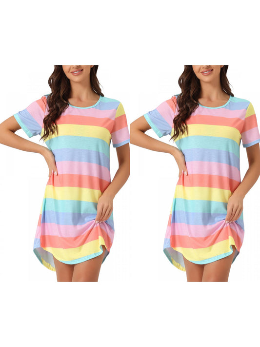 [PACK SALES] Women's 2 Pieces Short Sleeve Nightgowns Striped T-Shirt Sleepshirt Loungewear Dress