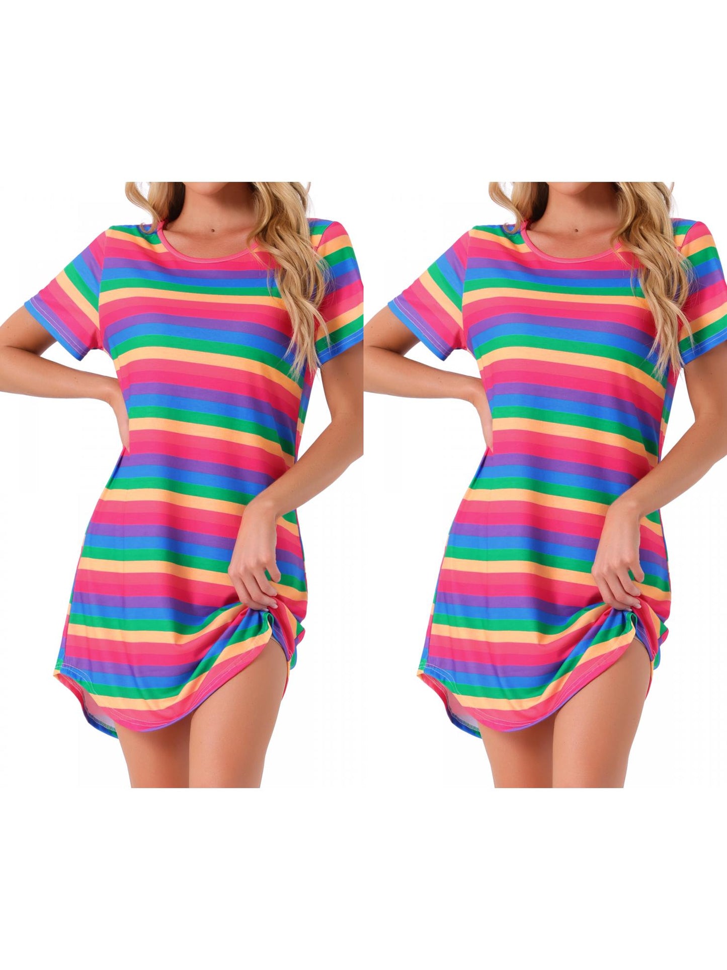 [PACK SALES] Women's 2 Pieces Short Sleeve Nightgowns Striped T-Shirt Sleepshirt Loungewear Dress