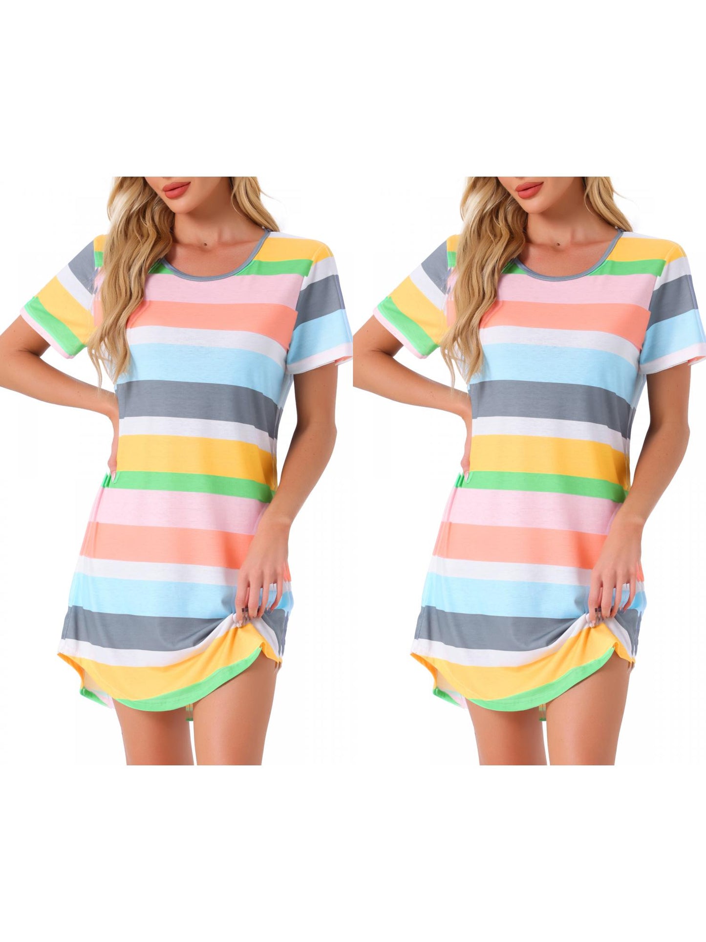 [PACK SALES] Women's 2 Pieces Short Sleeve Nightgowns Striped T-Shirt Sleepshirt Loungewear Dress
