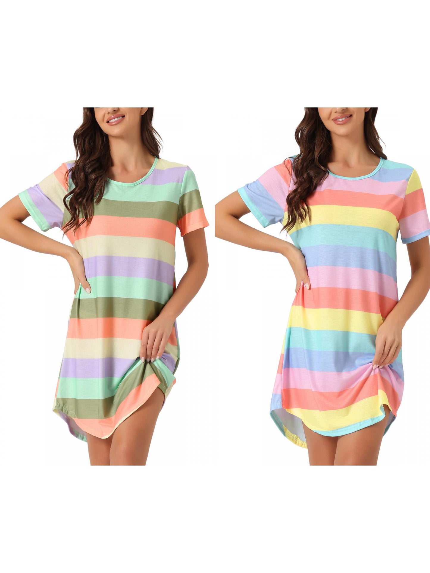 [PACK SALES] Women's 2 Pieces Short Sleeve Nightgowns Striped T-Shirt Sleepshirt Loungewear Dress