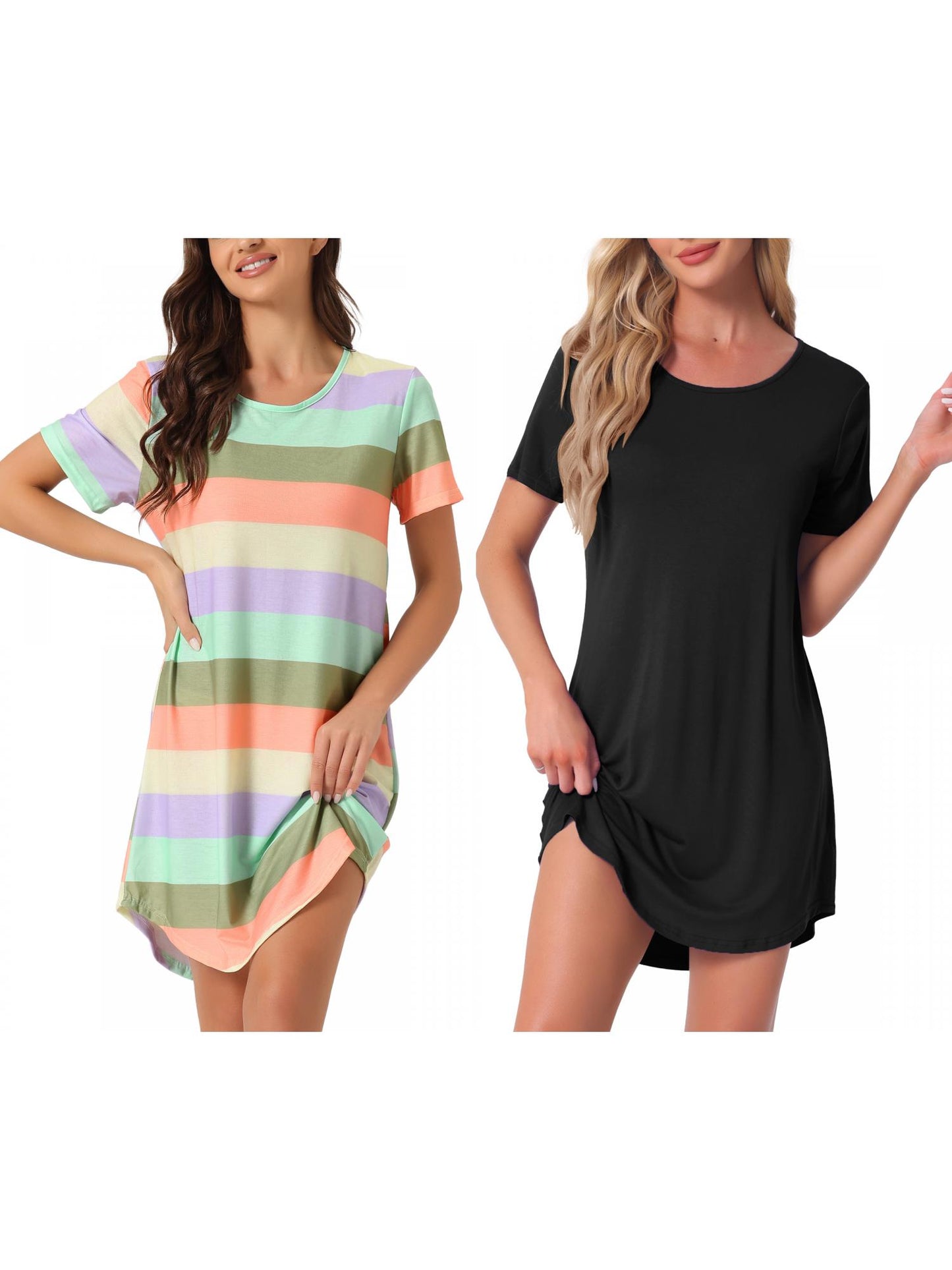 [PACK SALES] Women's 2 Pieces Short Sleeve Nightgowns Striped T-Shirt Sleepshirt Loungewear Dress