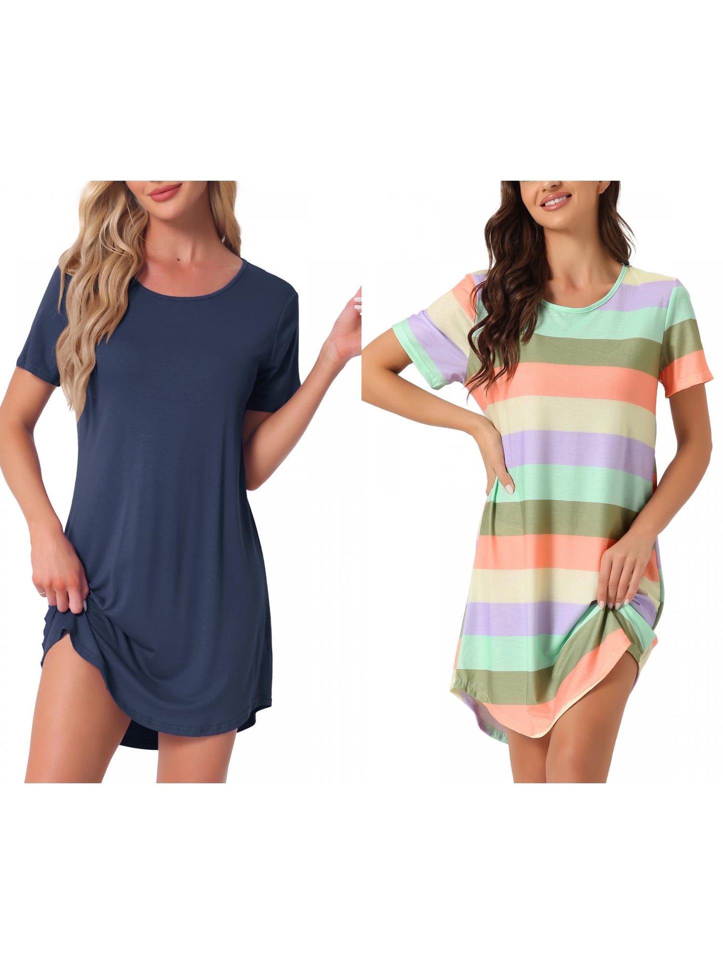 [PACK SALES] Women's 2 Pieces Short Sleeve Nightgowns Striped T-Shirt Sleepshirt Loungewear Dress