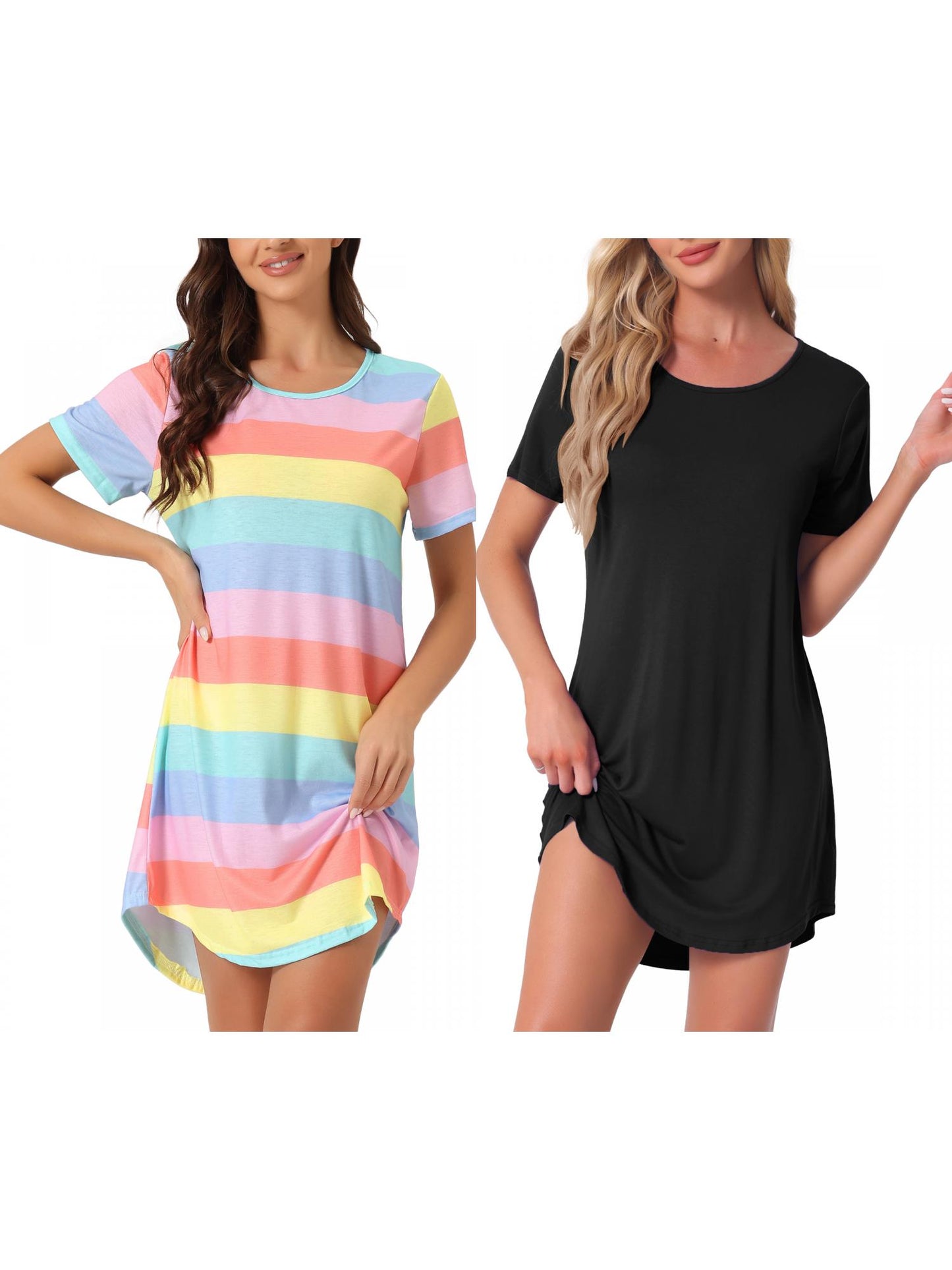 [PACK SALES] Women's 2 Pieces Short Sleeve Nightgowns Striped T-Shirt Sleepshirt Loungewear Dress
