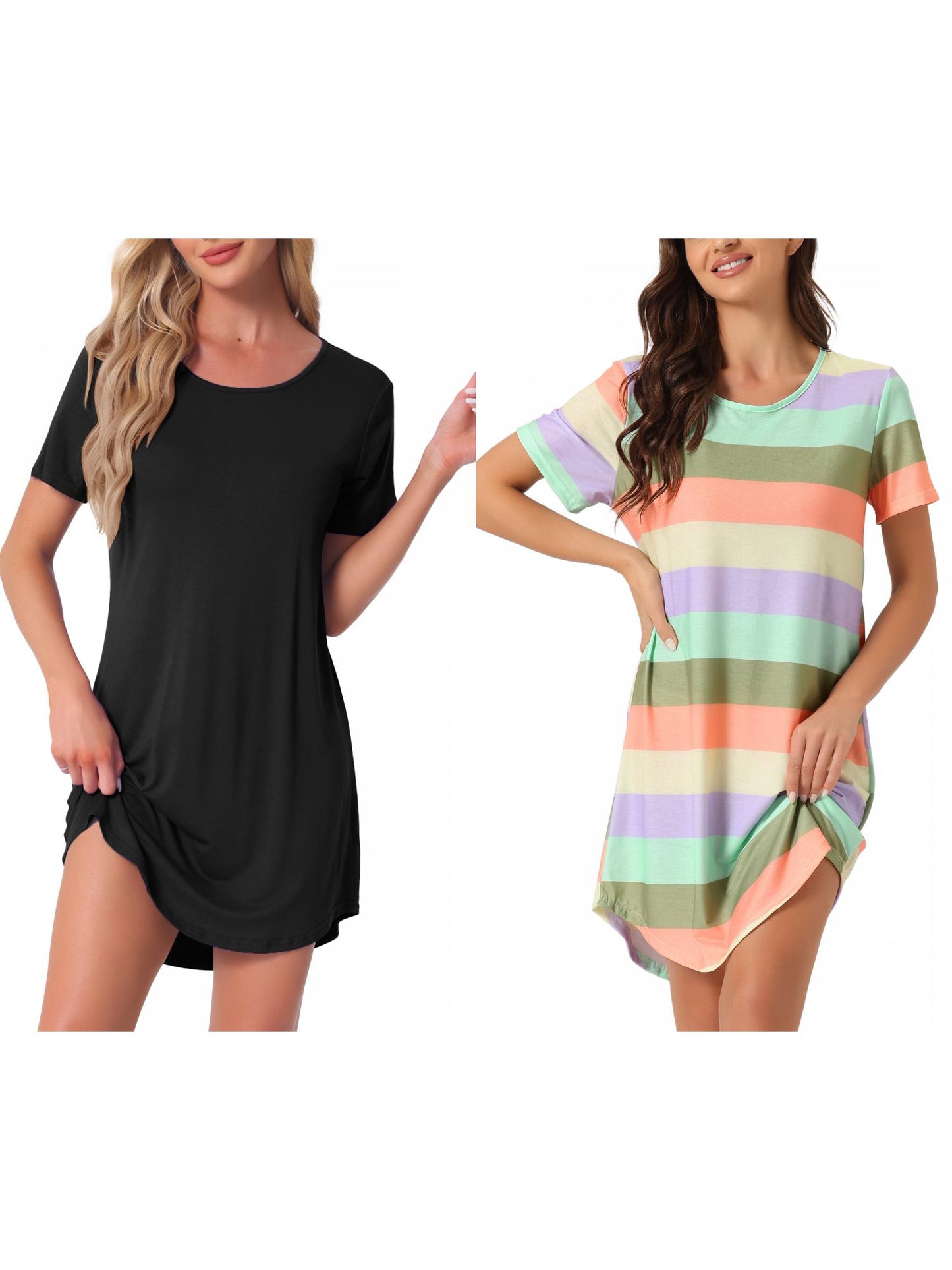 [PACK SALES] Women's 2 Pieces Short Sleeve Nightgowns Striped T-Shirt Sleepshirt Loungewear Dress