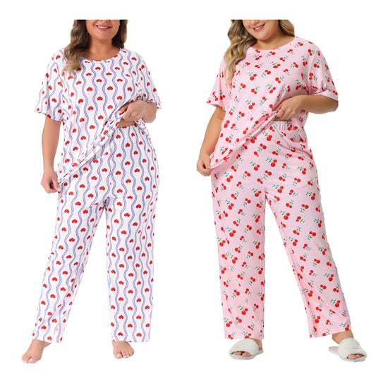 [PACK SALES] Women's Plus Size 2 Sets Pajama Sets Cherry Print Round Neck Short Sleeve Top ang Long Pant Elastic Waist Lounge Sleepwear with Pocket