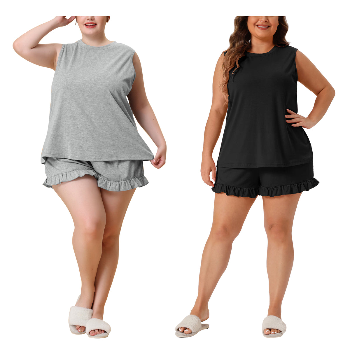 [PACK SALES] Women's Plus Size 2 Sets Pajamas Ruffle Sleeveless Tank Top with Shorts Lounge Home Sleepwear Set