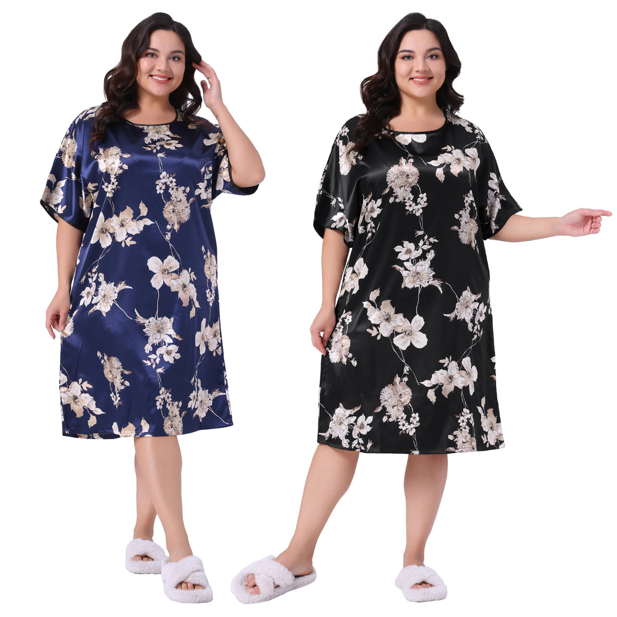 [PACK SALES] Women's Plus Size 2 Pieces Satin Nightgown Floral Print Round Neck Short Sleeve Lounge Midi Sleepwear